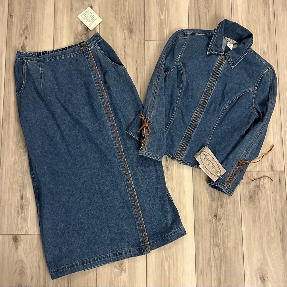 NWT Vintage Stonebridge Denim Jacket Wrap Skirt Set NOS Size 8 Petite READ
